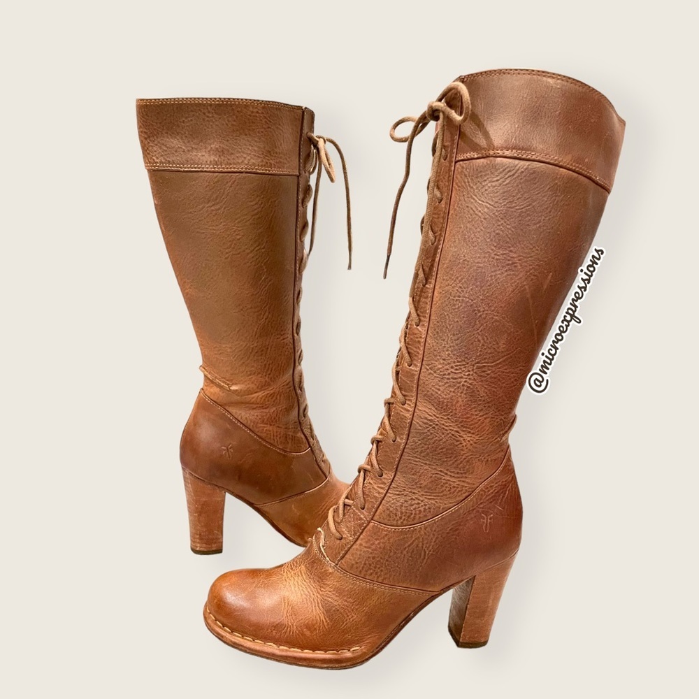Vintage Frye Villager Brown Leather Knee High Tall Heeled Zip Up Lace Up Boots - Picture 6 of 15